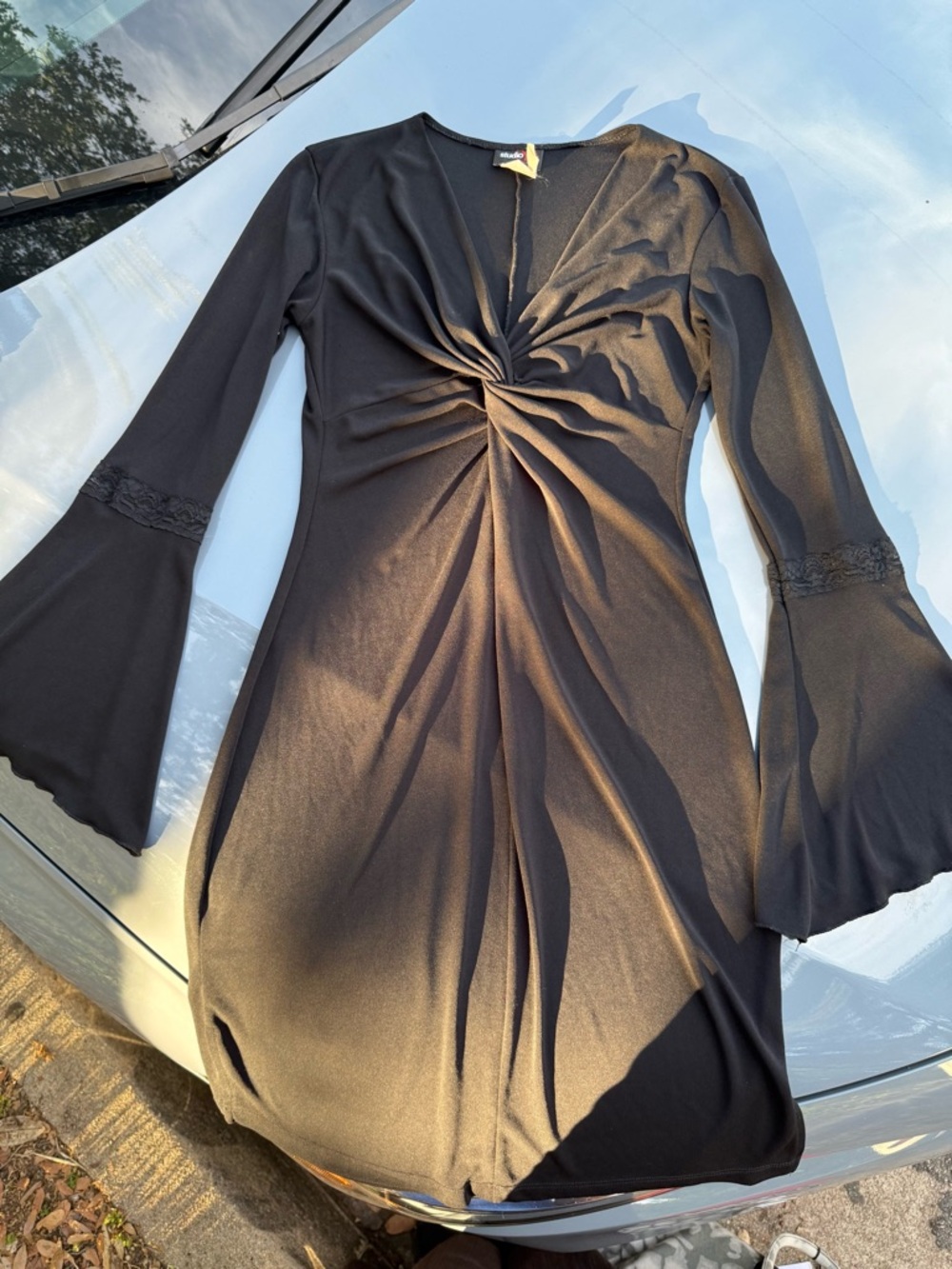 Studio Y Black Twist-Front Long Sleeve Dress with Flared Sleeves